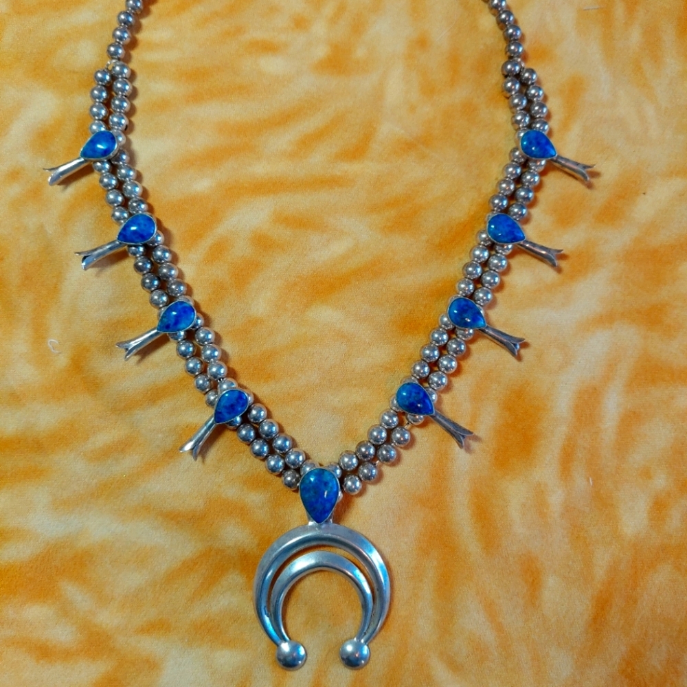 925 Silver and Lapis Squash Blossom Necklace